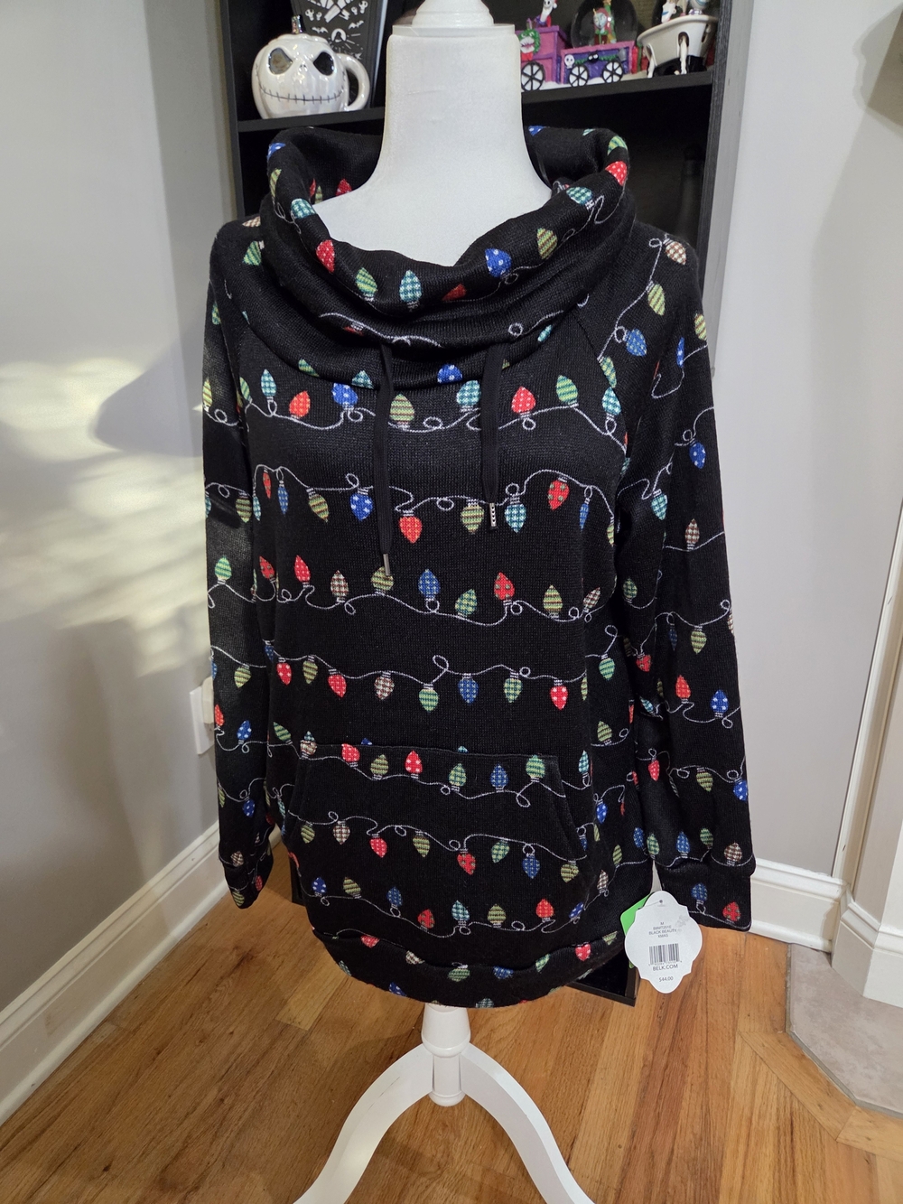 Joyland Women's Black Cowl Neck Sweater with Colorful Light Print